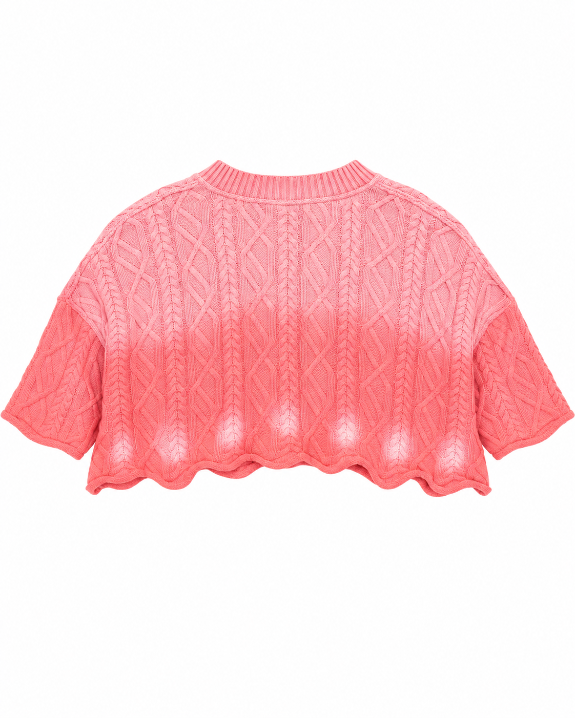 Back view of the pink cropped knit sweater showing its short sleeves and relaxed silhouette
