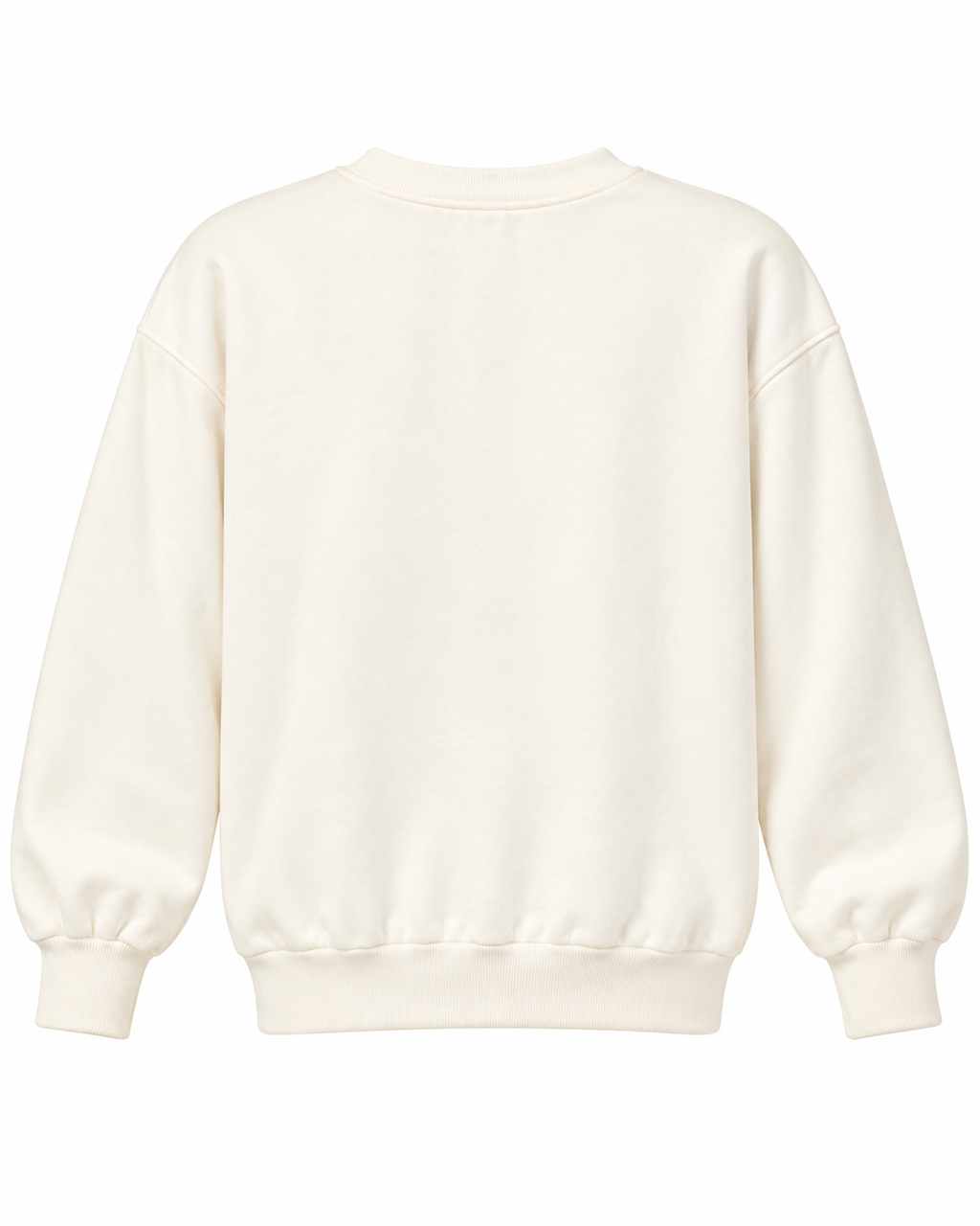 Plain back of the cream crewneck sweatshirt showing long sleeves and ribbed cuffs and hem

