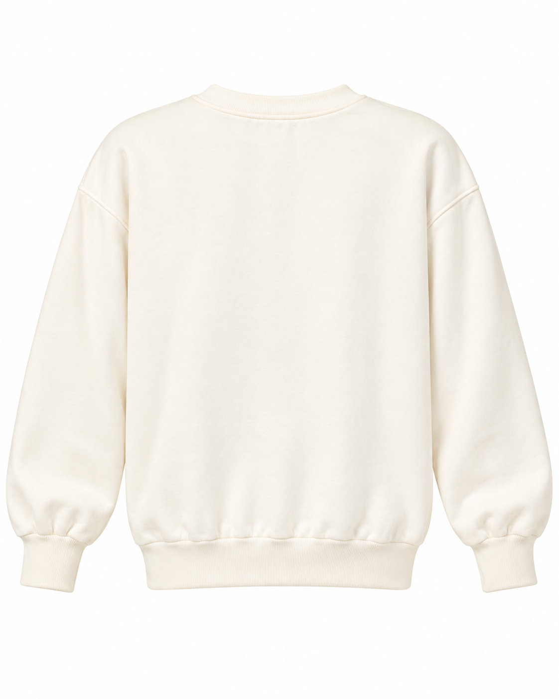 Plain back of the cream crewneck sweatshirt showing long sleeves and ribbed cuffs and hem
