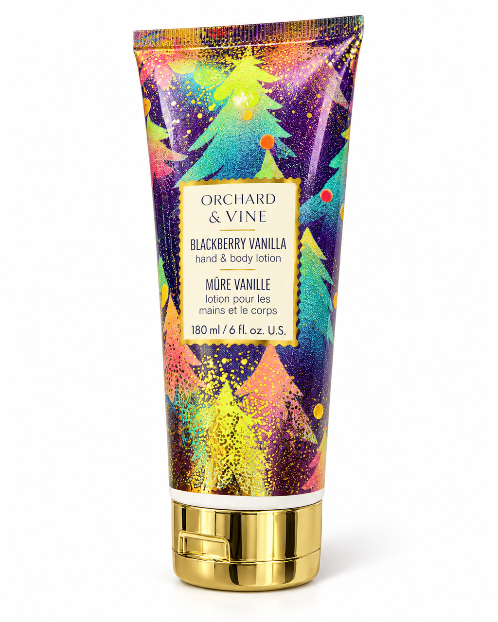 Angled view of the Blackberry Vanilla lotion tube showing multicolored Christmas trees, gold accents, and a gold-tone flip-top cap
