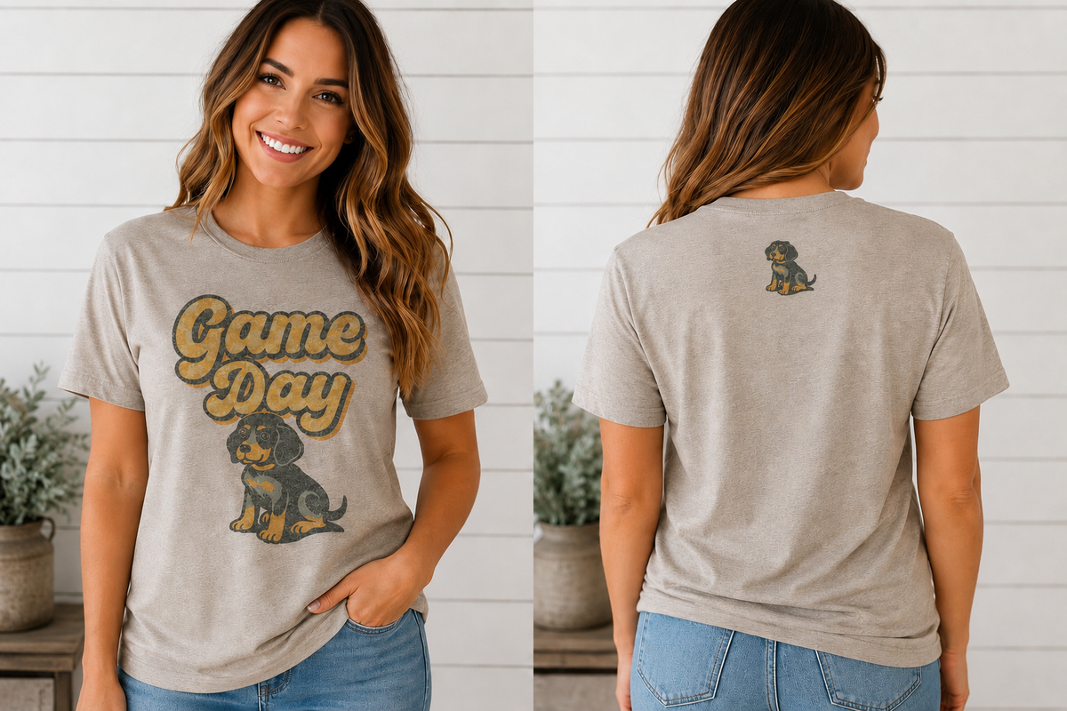  Front and back views of Game Day Puppy graphic tee modeled by woman