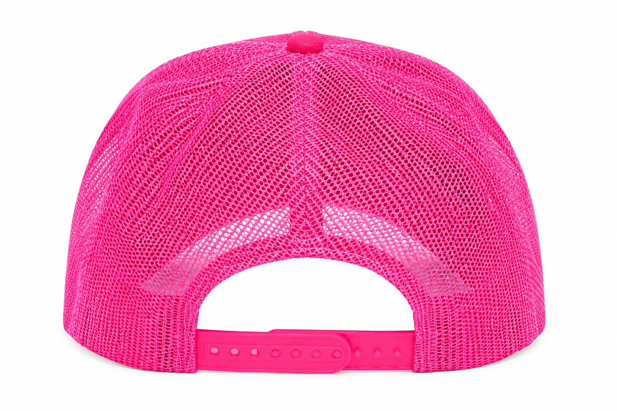 Bright pink trucker-style baseball cap shown from the back, featuring a mesh back and an adjustable snap closure.