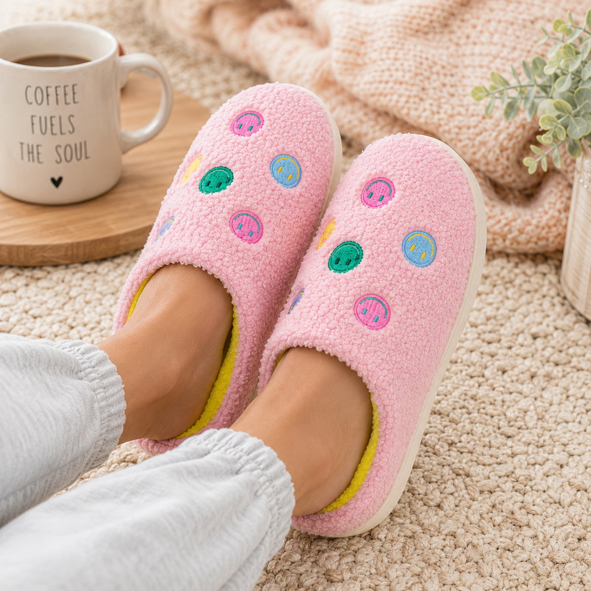 Woman wearing Pink Smiley Face Fuzzy Slippers in a cozy home setting with a coffee mug and knit blanket, showing colorful smiley face embroidery and yellow interior lining
