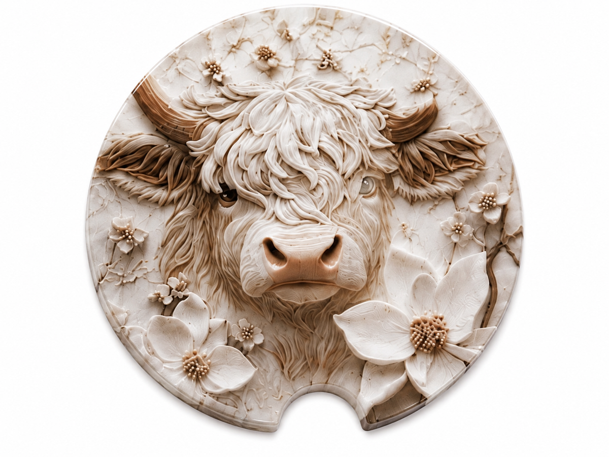 Close-up of Highland Cow Floral ceramic car coaster with sculpted cream ivory Highland cow surrounded by dogwood blossoms on white background
