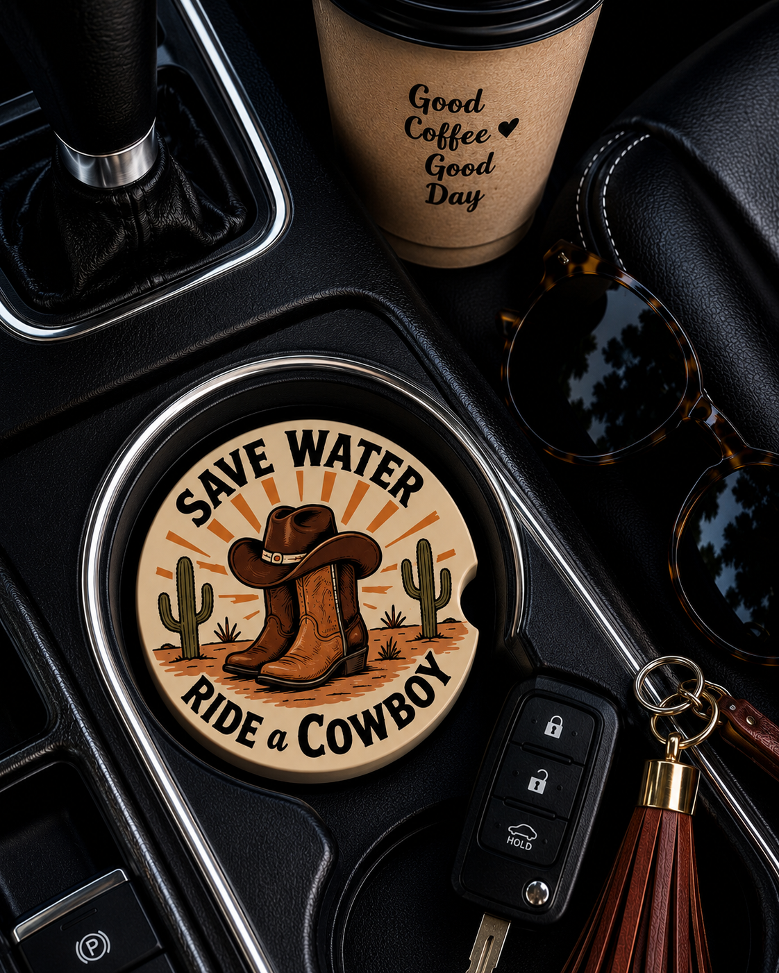 Save Water Ride a Cowboy ceramic car coaster in cup holder — cowboy boots, hat, and cactus desert design, shown in car console with coffee cup and sunglasses
