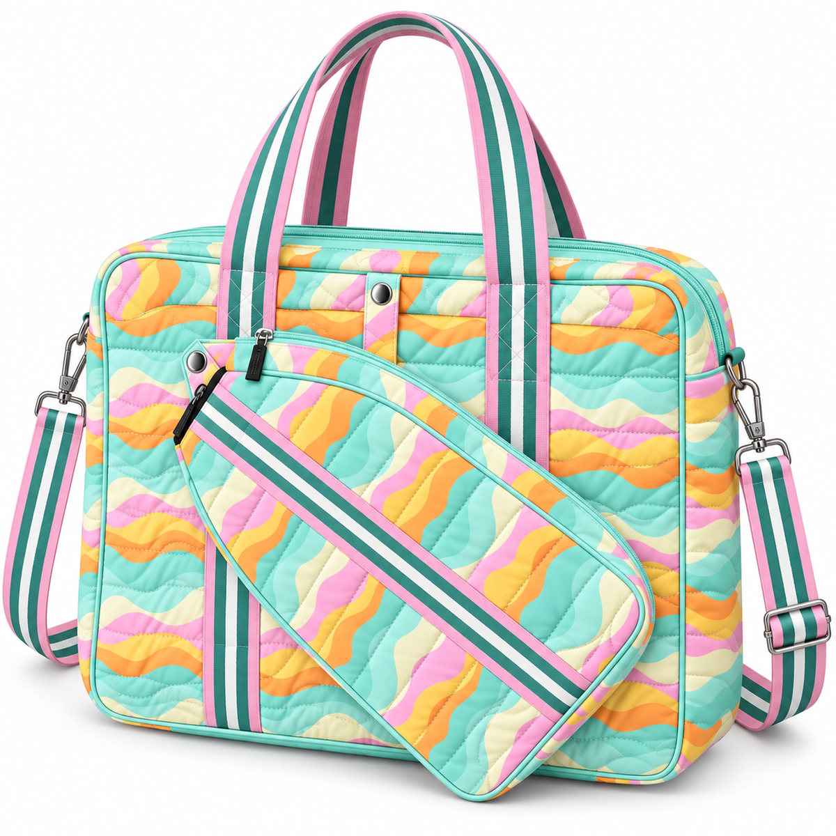 Pastel Wave Pickleball Bag three-quarter angle view showing quilted diamond channel stitching on pastel wave print with mint, pink, orange, and yellow waves, pink trim, teal and white stripe carry handles, removable quilted paddle holder with teal stripe strap, and adjustable teal and white stripe crossbody strap with silver lobster clasps on white background
