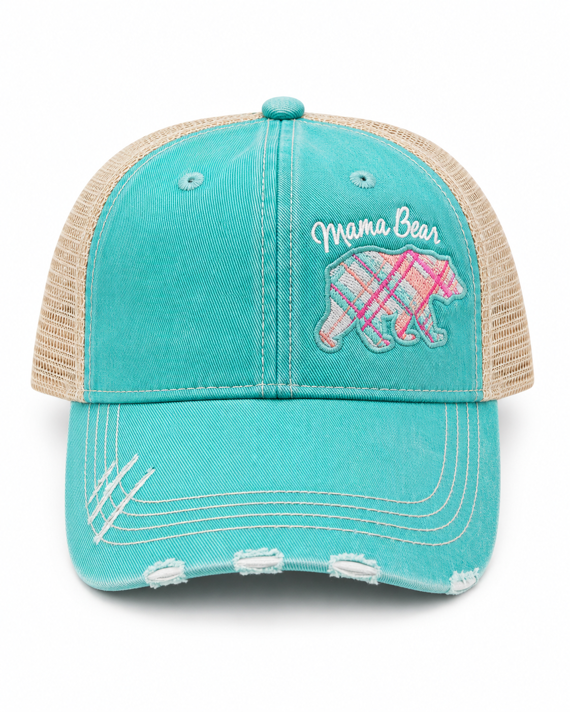 Mama Bear distressed aqua trucker hat with colorful plaid bear embroidery and tan mesh back, front view
