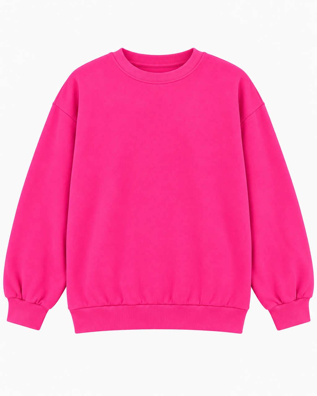 Front view of the plain hot pink crewneck sweatshirt with long sleeves and ribbed cuffs and hem