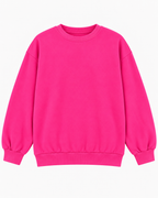 Front view of the plain hot pink crewneck sweatshirt with long sleeves and ribbed cuffs and hem