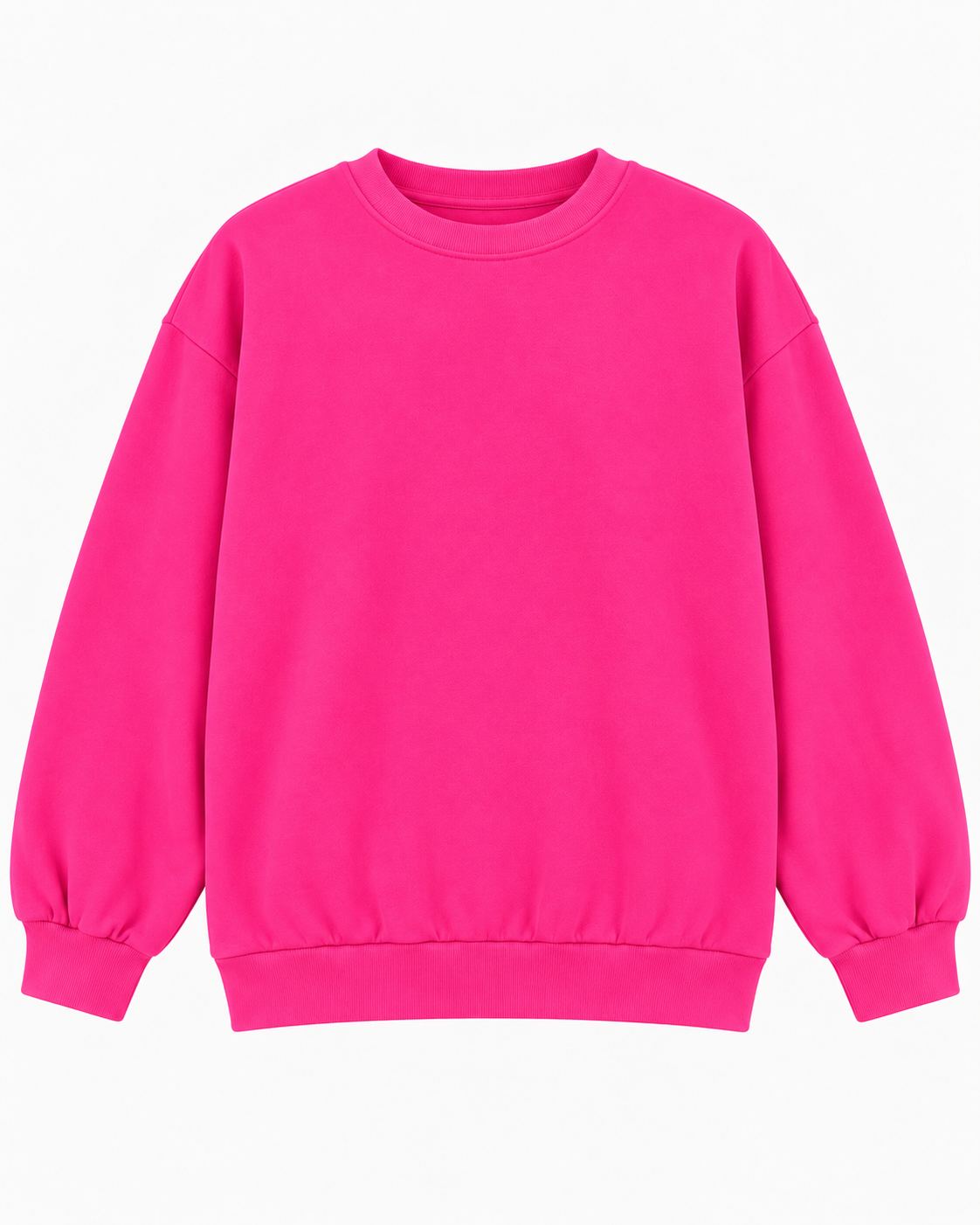 Front view of the plain hot pink crewneck sweatshirt with long sleeves and ribbed cuffs and hem