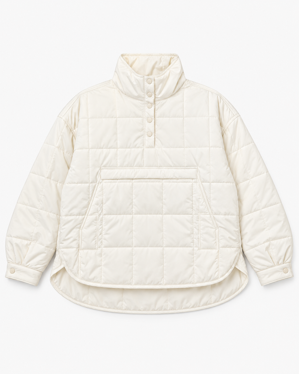Front flat lay of the white quilted puffer jacket showing its four snap buttons, zippered kangaroo pocket, and snap cuffs.
