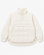 Front flat lay of the white quilted puffer jacket showing its four snap buttons, zippered kangaroo pocket, and snap cuffs.
