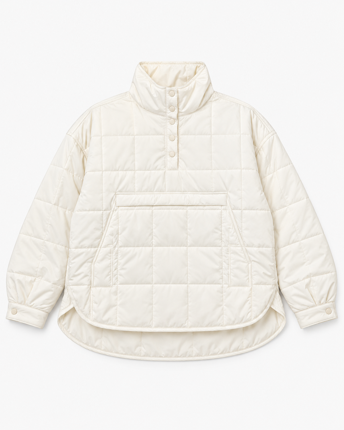 Front flat lay of the white quilted puffer jacket showing its four snap buttons, zippered kangaroo pocket, and snap cuffs.
