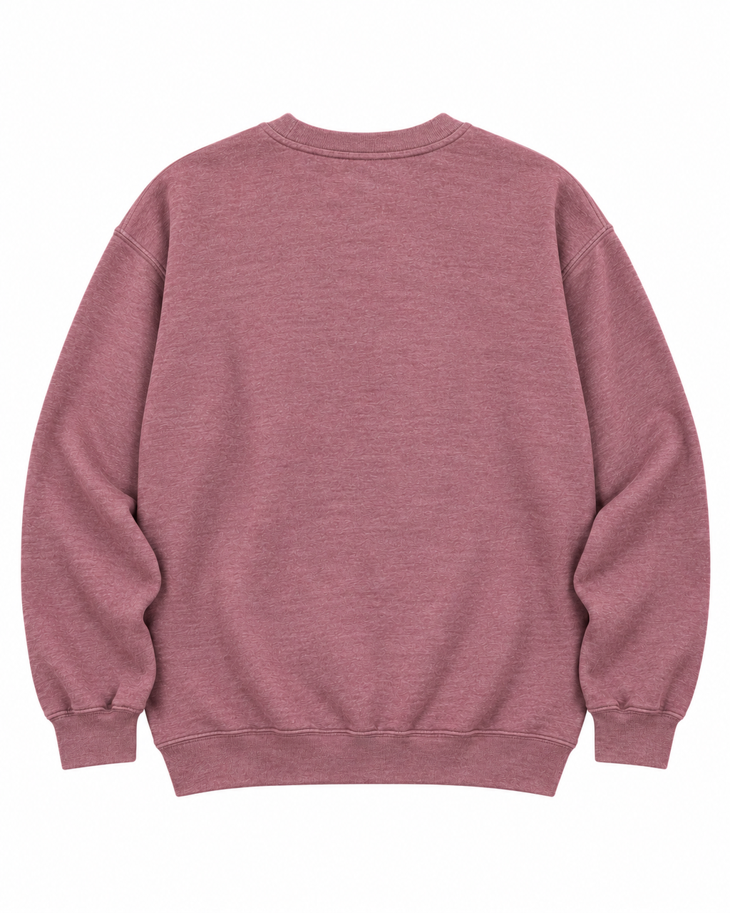 Plain back of the dusty mauve crewneck sweatshirt showing long sleeves and ribbed cuffs and hem

