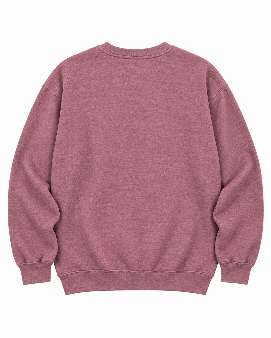 Plain back of the dusty mauve crewneck sweatshirt showing long sleeves and ribbed cuffs and hem
