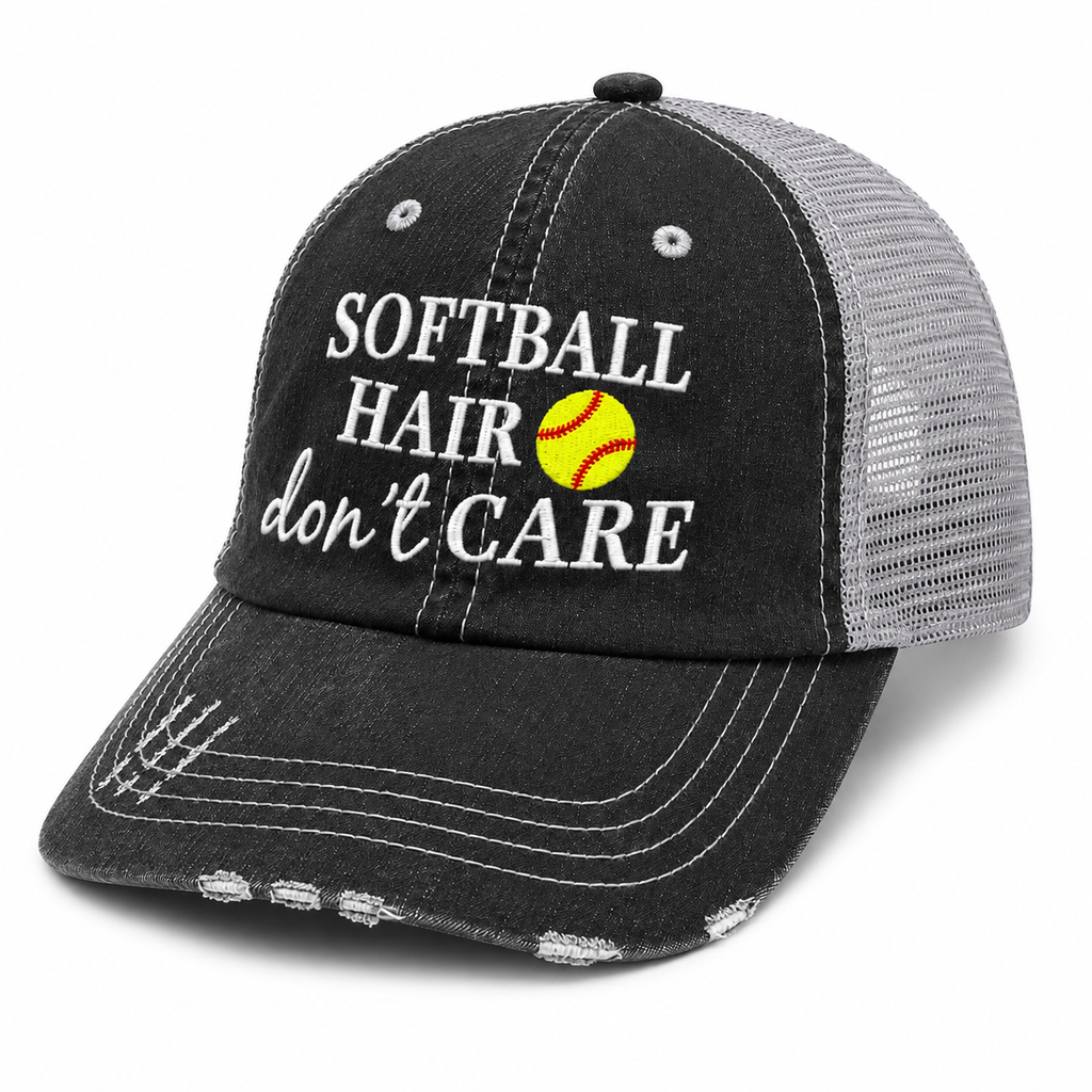 Softball Hair Don’t Care trucker hat side view with distressed black front, gray mesh back, white embroidery and yellow softball design.