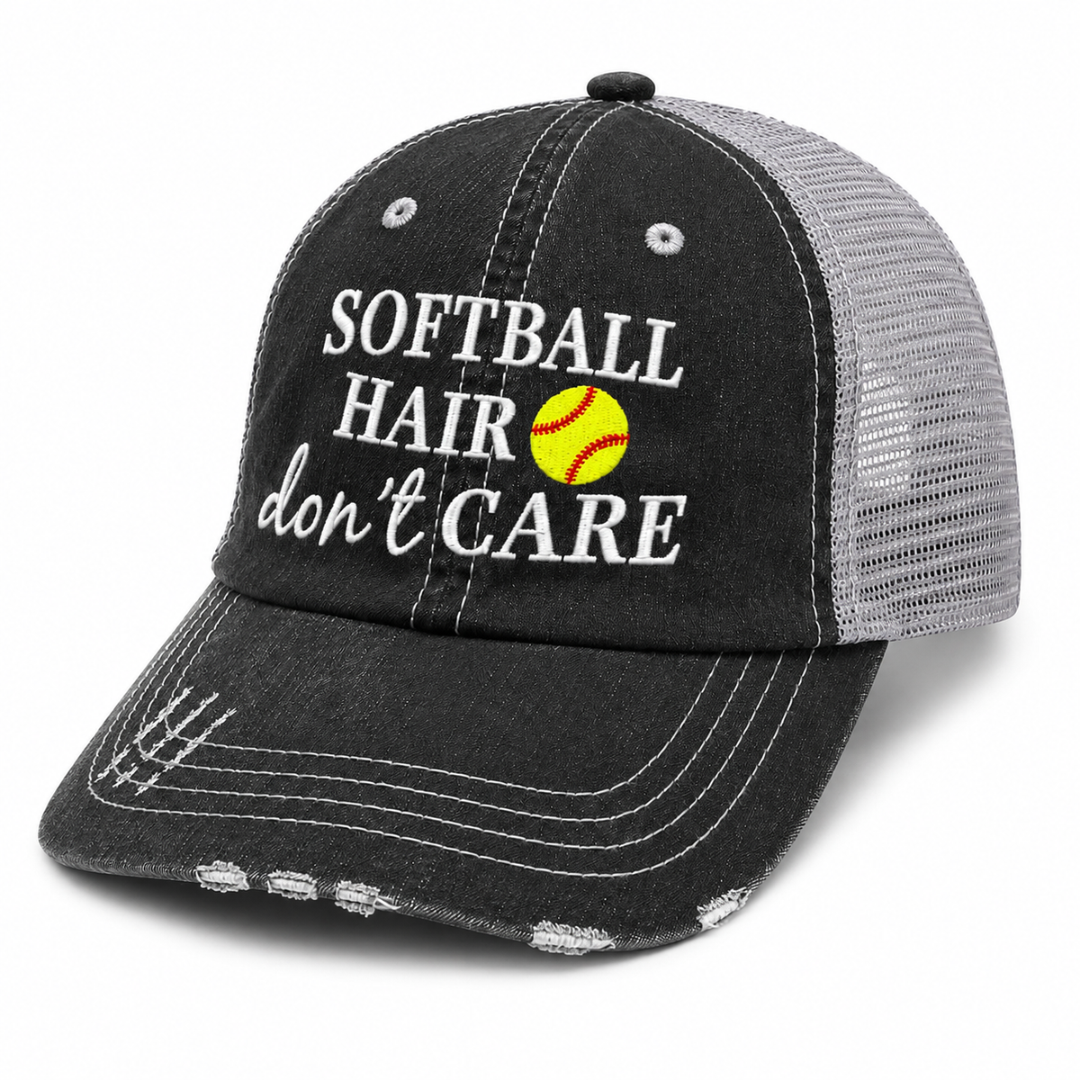 Softball Hair Don’t Care trucker hat side view with distressed black front, gray mesh back, white embroidery and yellow softball design.