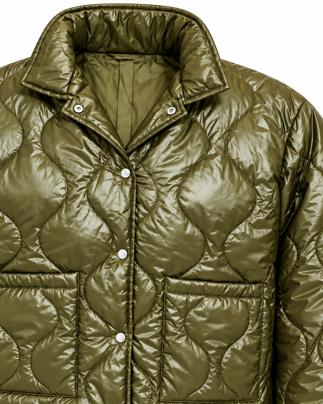 Close-up of the olive quilted jacket showing its stand collar, silver-tone snaps, rounded quilt pattern, and fabric sheen
