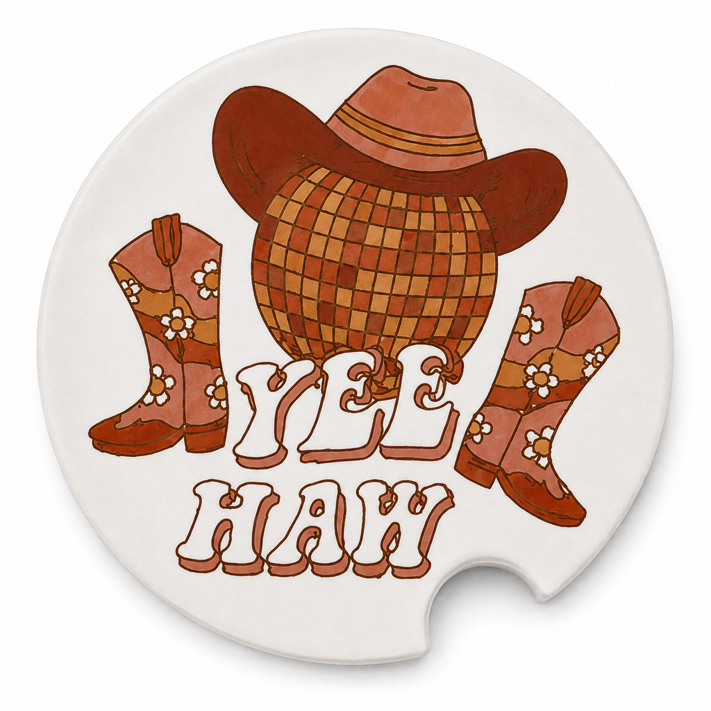 Close-up of Yee Haw Disco Ball ceramic car coaster with cowboy hat sitting on a disco ball, floral cowboy boots on each side, and retro Yee Haw lettering on white background
