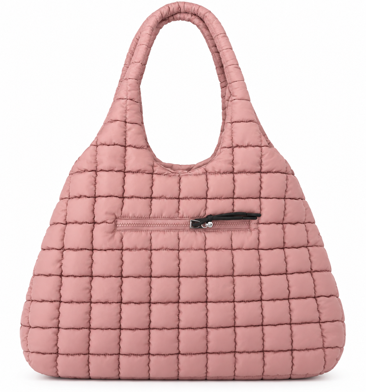 Mauve Quilted Tote Bag front view with soft mauve puffer quilted body, padded loop shoulder handle, and front exterior zippered pocket with black tassel zipper pull on white background
