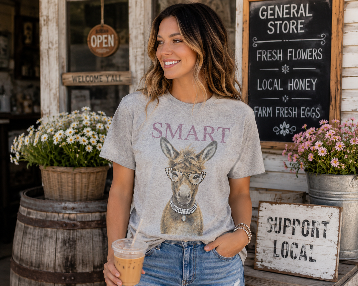 Woman wearing the gray Smart Ass Graphic Tee featuring a stylish donkey design, shown in a rustic boutique lifestyle setting.