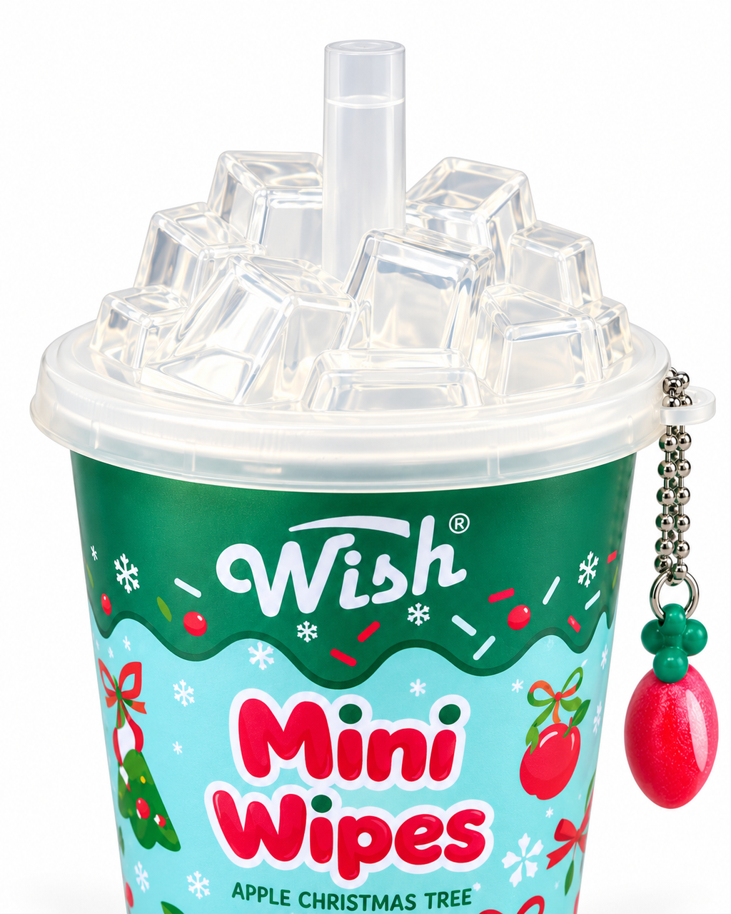 Close-up of the mini wipes cup showing the clear ice-cube-style lid, straw-shaped detail, silver-tone ball chain, and red apple charm
