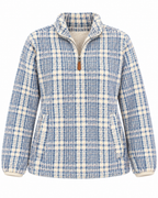 Front view of the blue and cream plaid fleece pullover showing its stand collar, quarter zipper, kangaroo-style pocket, and cream cuff trim
