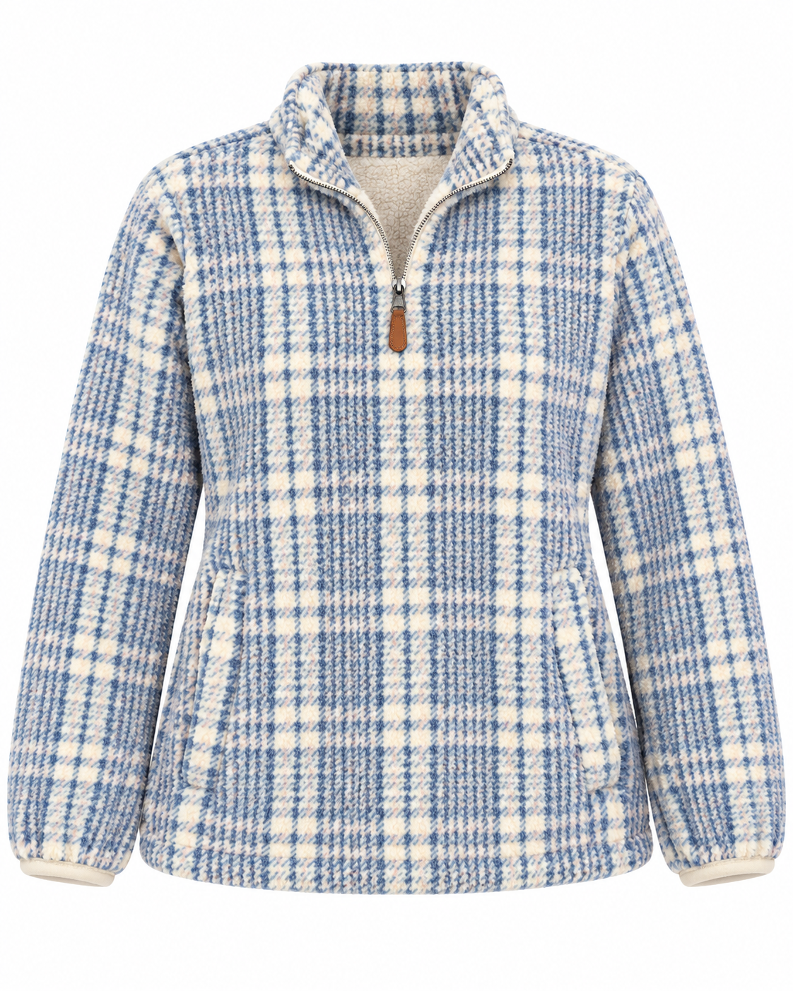 Front view of the blue and cream plaid fleece pullover showing its stand collar, quarter zipper, kangaroo-style pocket, and cream cuff trim

