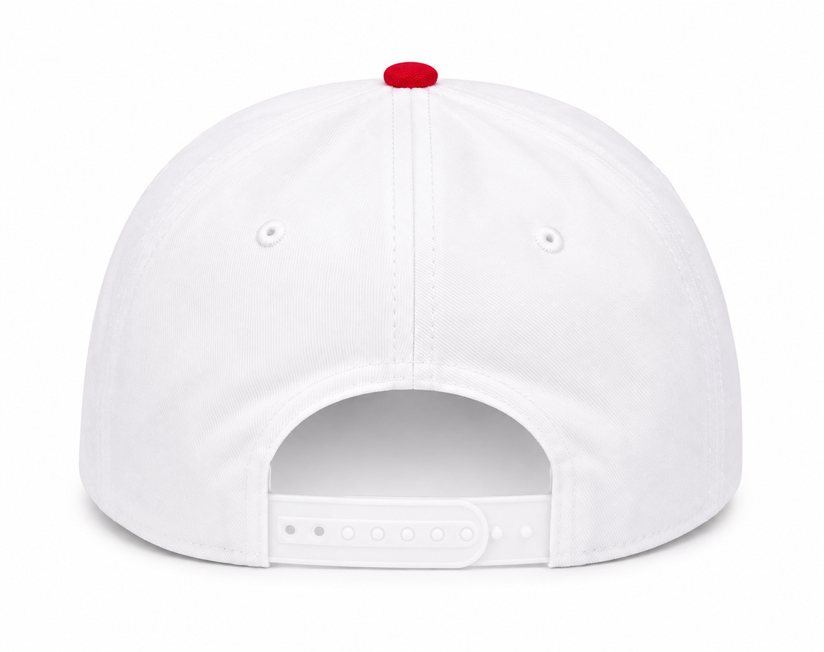 Back view of Giddy Up Cowgirl Baseball Cap showing white solid back panels and white snapback closure with red button top on white background
