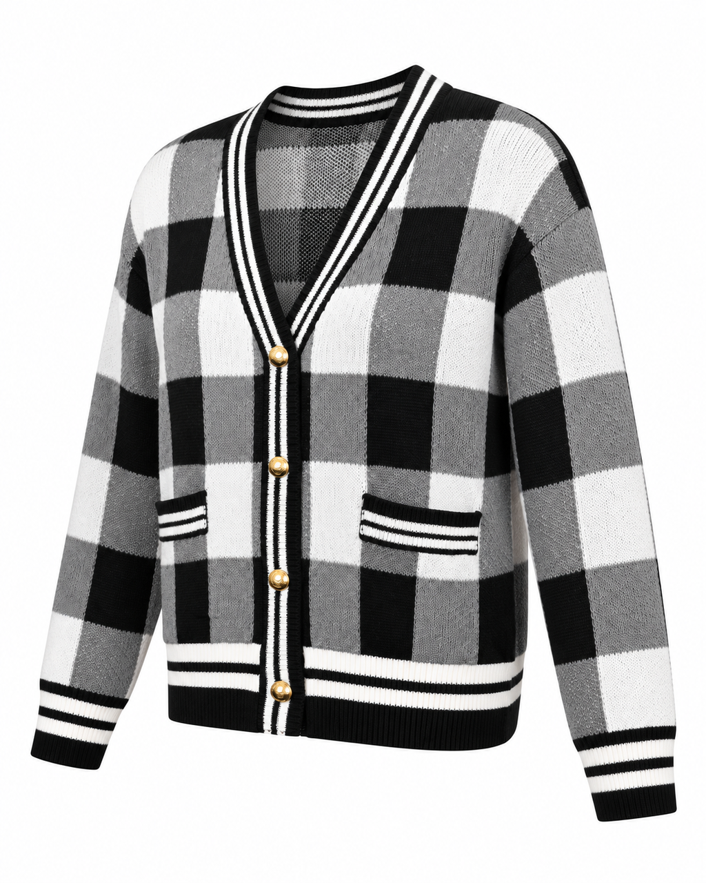 Black and White Plaid Gold Button Knit Cardigan three-quarter angle view showing black, white, and gray plaid pattern, V-neck with striped trim, gold dome buttons, front patch pockets, and striped ribbed hem and cuffs on white background
