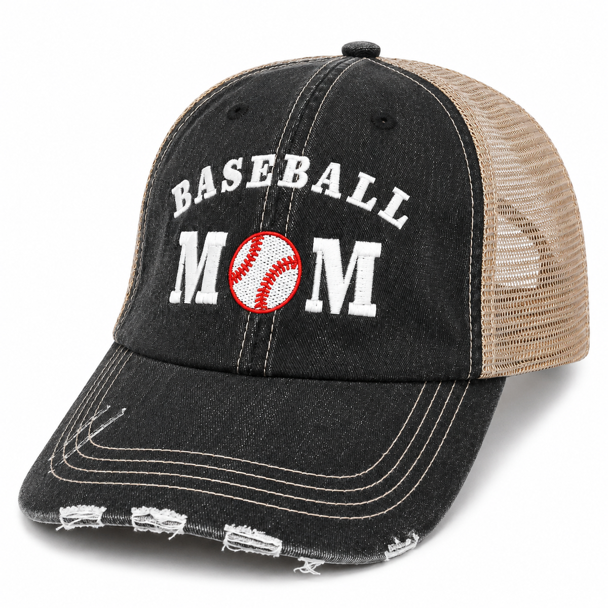 Distressed black trucker hat with washed denim front panel, tan mesh back, and white embroidered Baseball Mom text with a red and white baseball graphic replacing the letter O.