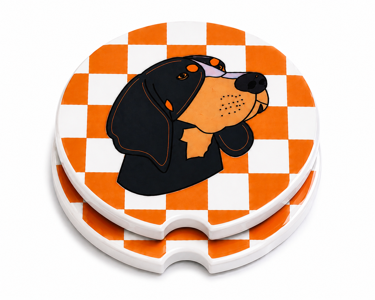 Both Smokey Checkerboard car coasters showing front design and cork backing
