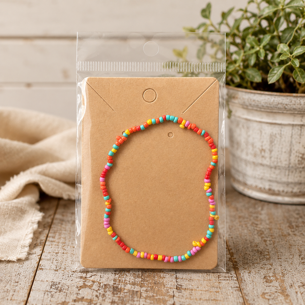 Colorful seed bead stretch bracelet on kraft card in clear packaging on rustic wood surface with linen fabric and potted greenery

