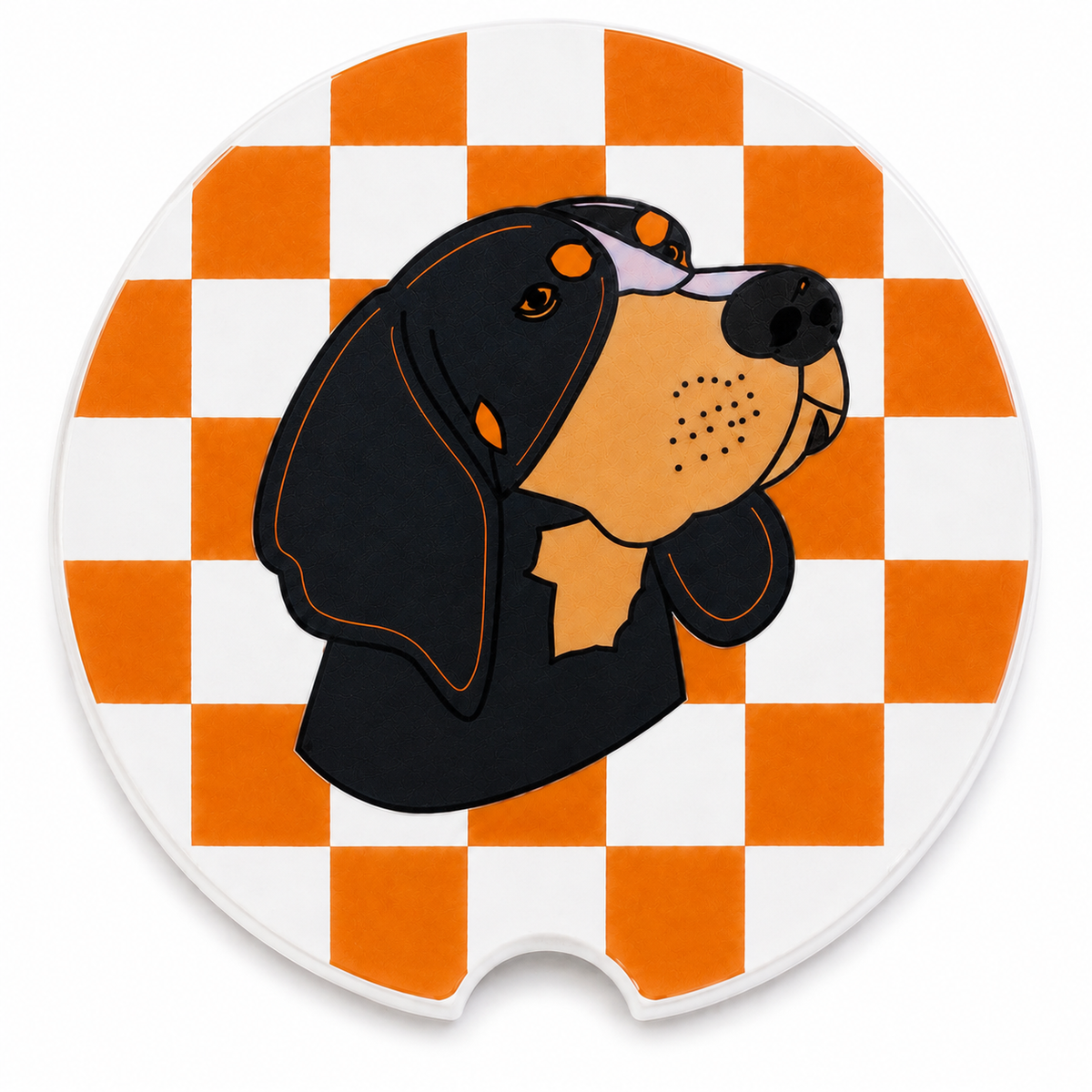 Close-up of Smokey mascot and Tennessee checkerboard design on ceramic car coaster
