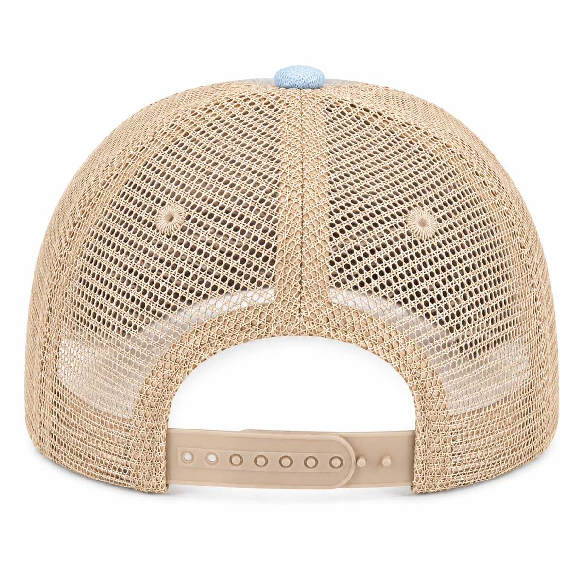 Back view of a beige mesh trucker cap with a light blue button on top and a beige adjustable strap.