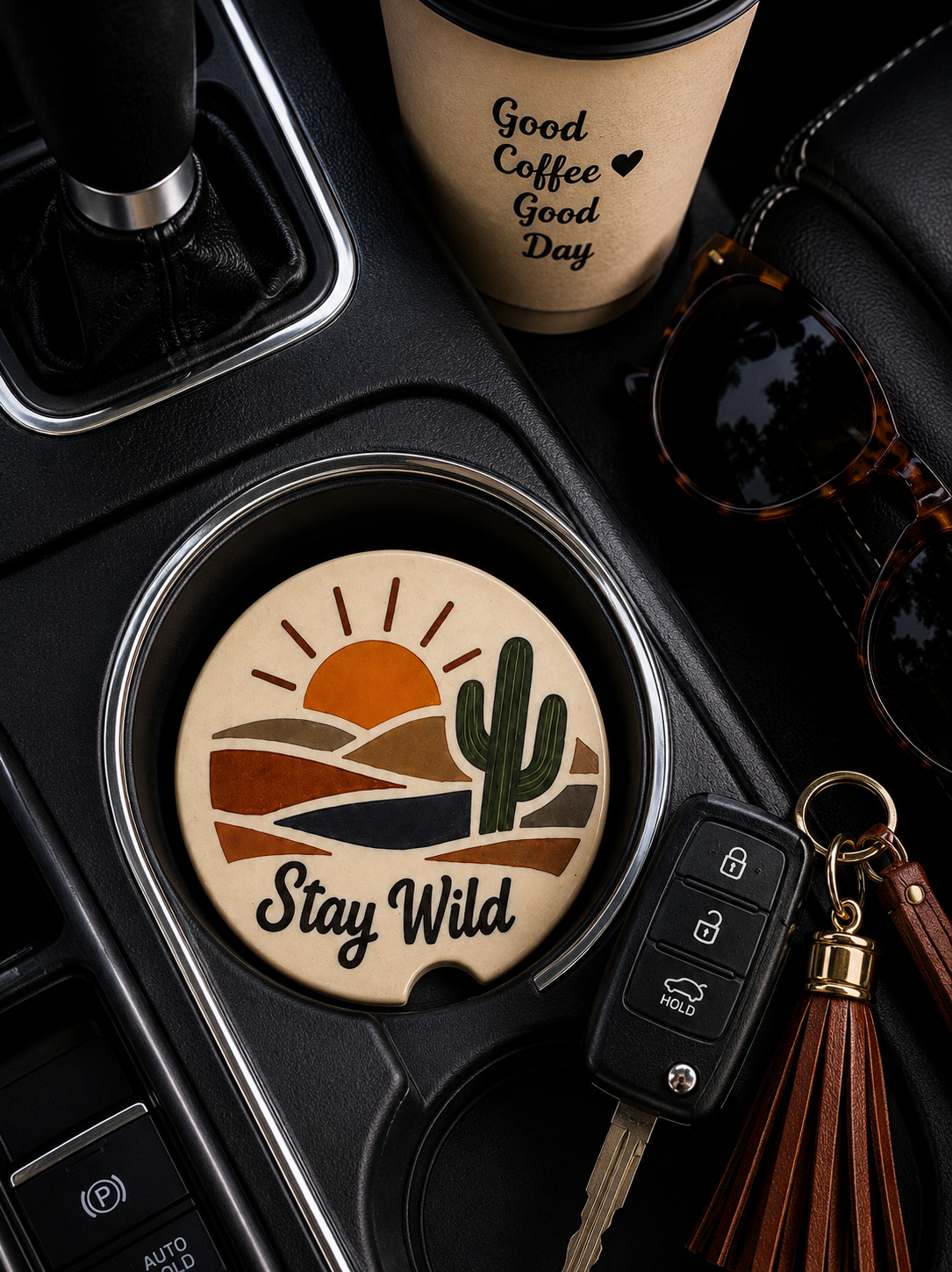 Stay Wild Car Coaster sitting in a car cup holder next to a coffee cup, sunglasses, and keys, showing the desert cactus and sunset design with finger notch.
