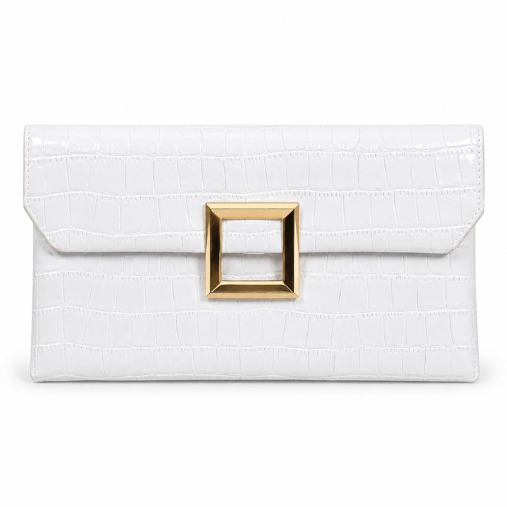 White Croc Envelope Clutch front view showing white croc-embossed vegan leather with envelope flap closure, open gold square frame hardware accent at center front, and visible edge stitching on white background
