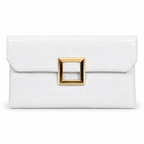 White Croc Envelope Clutch front view showing white croc-embossed vegan leather with envelope flap closure, open gold square frame hardware accent at center front, and visible edge stitching on white background
