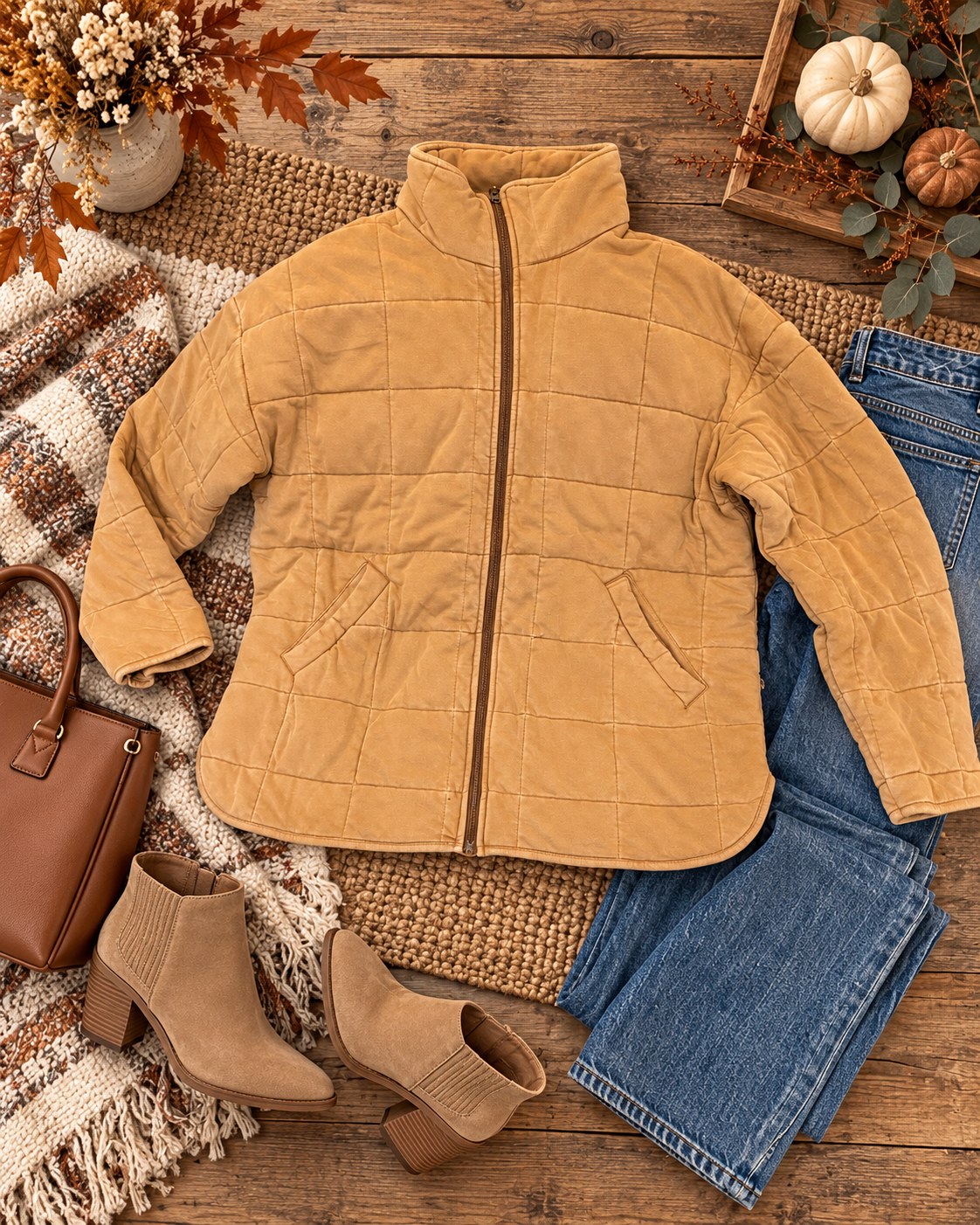 Camel Garment Washed Quilted Jacket styled in flat lay on rustic wood surface with blue jeans, tan suede block-heel chelsea ankle boots, tan structured tote bag, plaid blanket, autumn leaves, white and orange pumpkins, and eucalyptus stems
