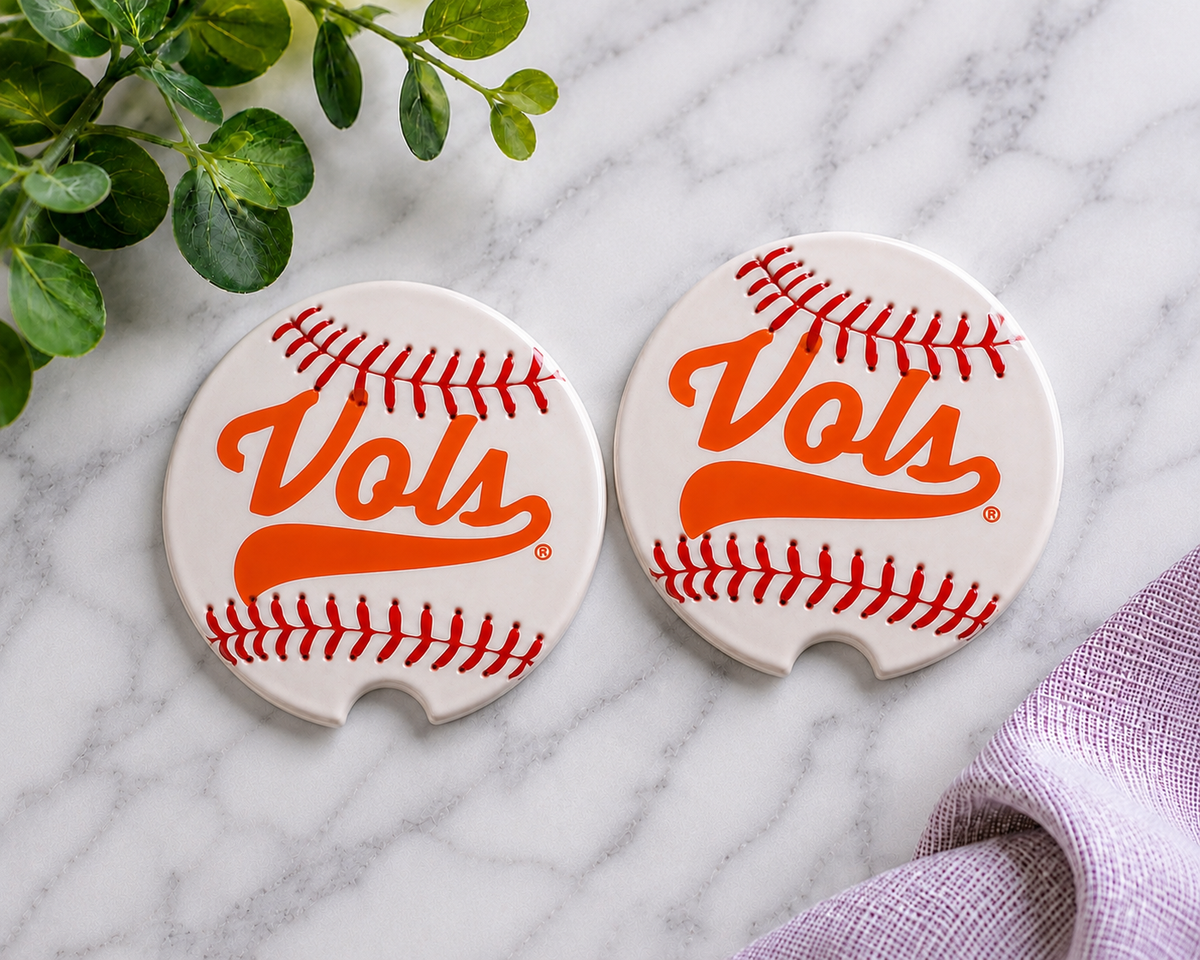 Tennessee Vols Baseball Car Coaster Set — ceramic coasters with baseball-inspired Tennessee orange design, set of 2
