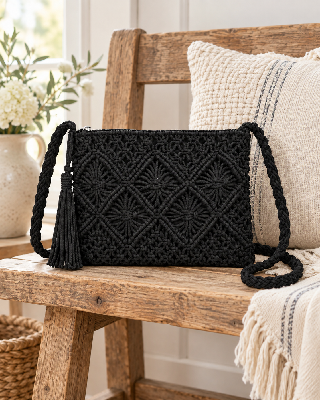 Black Woven Bohemian Tassel Crochet Shoulder Bag on rustic wood ladder-back bench showing macrame cord diamond lattice pattern with black suede tassel and braided cord shoulder strap beside cream textured pillow, cream grain-sack stripe throw, white florals in cream ceramic vase, and wicker basket
