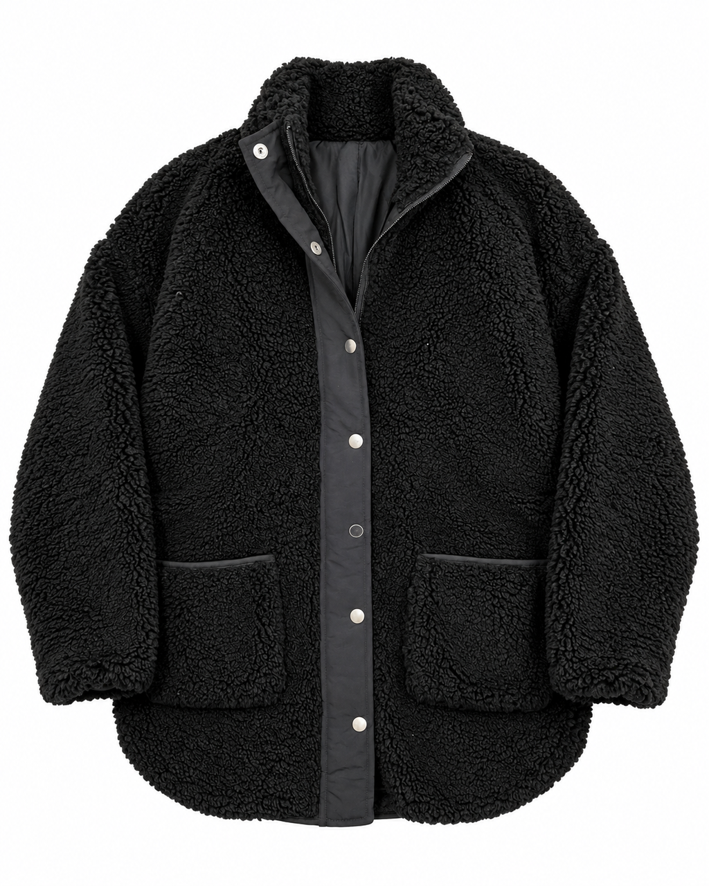 Front view of the black sherpa teddy jacket with a stand-up collar, zipper beneath the snap placket, and two large patch pockets
