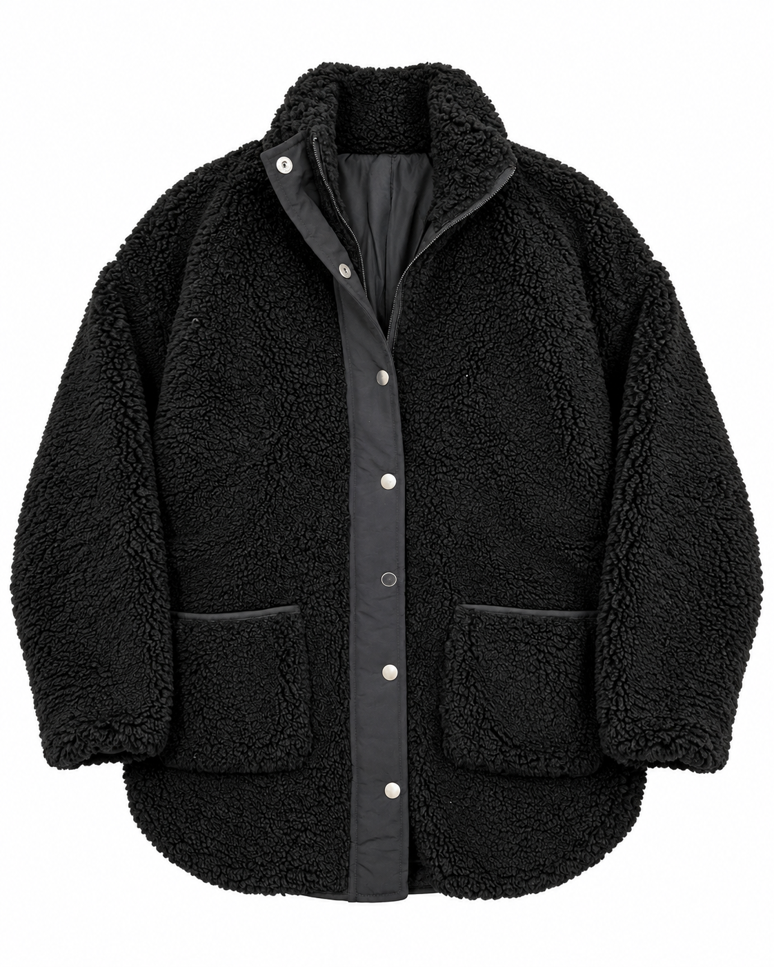Front view of the black sherpa teddy jacket with a stand-up collar, zipper beneath the snap placket, and two large patch pockets
