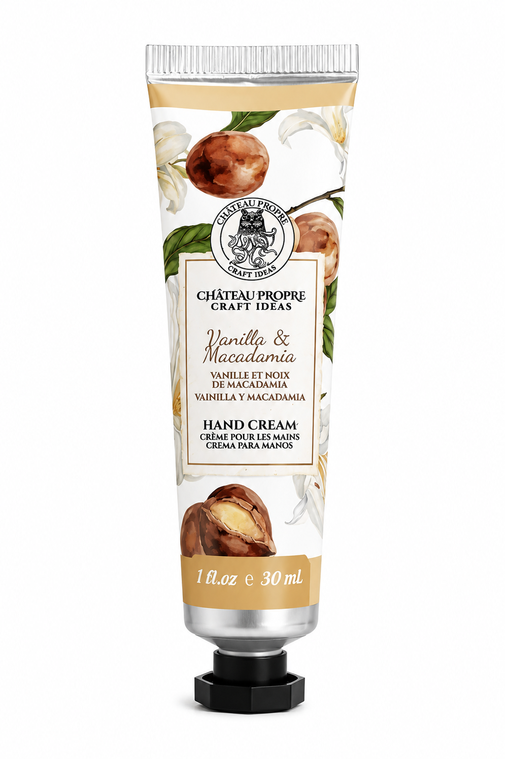 Château Propre Craft Ideas Vanilla & Macadamia Hand Cream in a 1 fl oz squeeze tube with vanilla and macadamia nut illustrations on a white background with a black cap.
