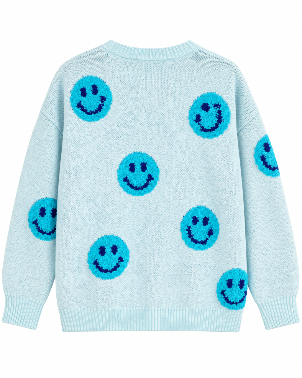 Back view of the light blue knit happy face sweater with turquoise smileys across the back and sleeves and ribbed cuffs and hem
