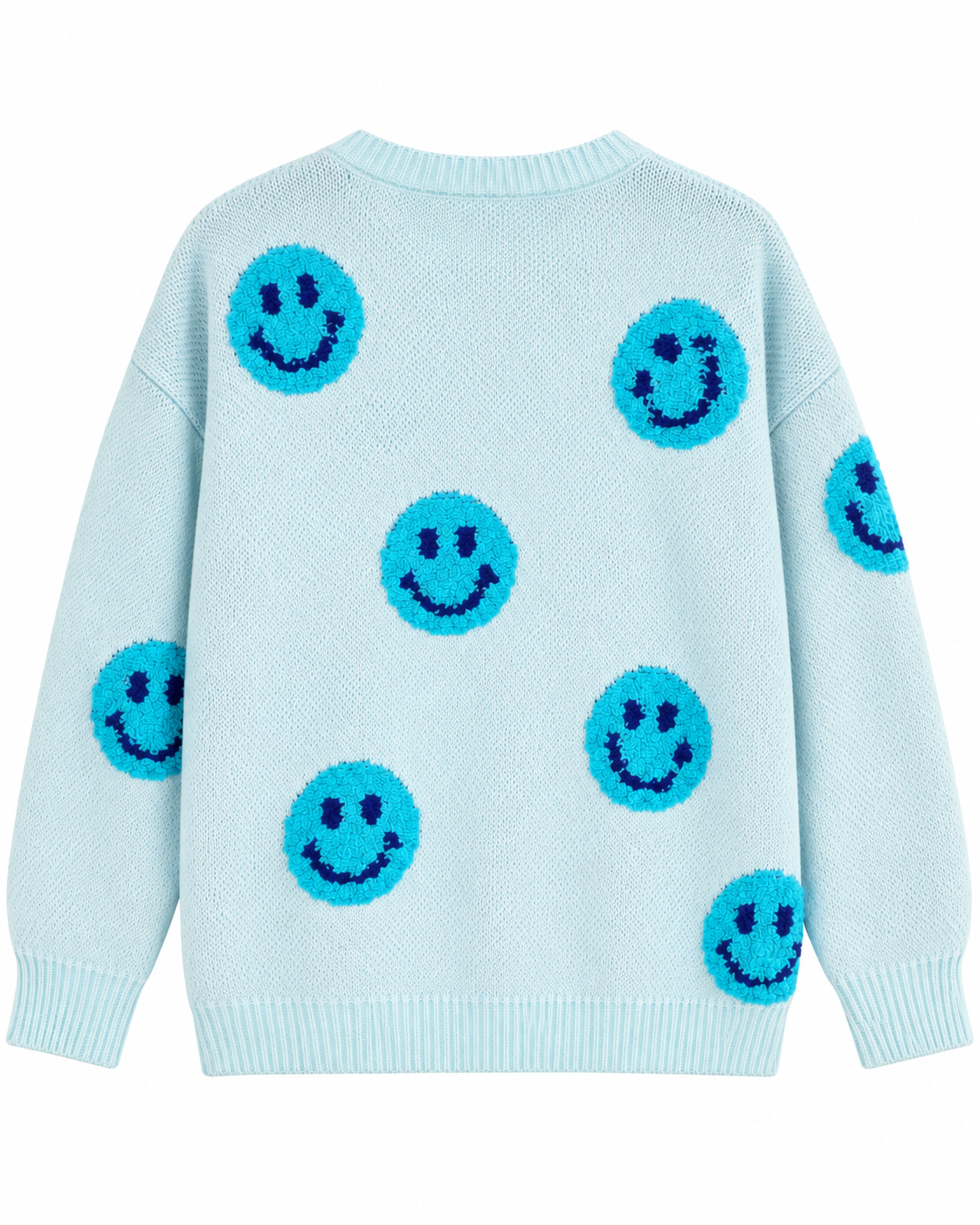 Back view of the light blue knit happy face sweater with turquoise smileys across the back and sleeves and ribbed cuffs and hem
