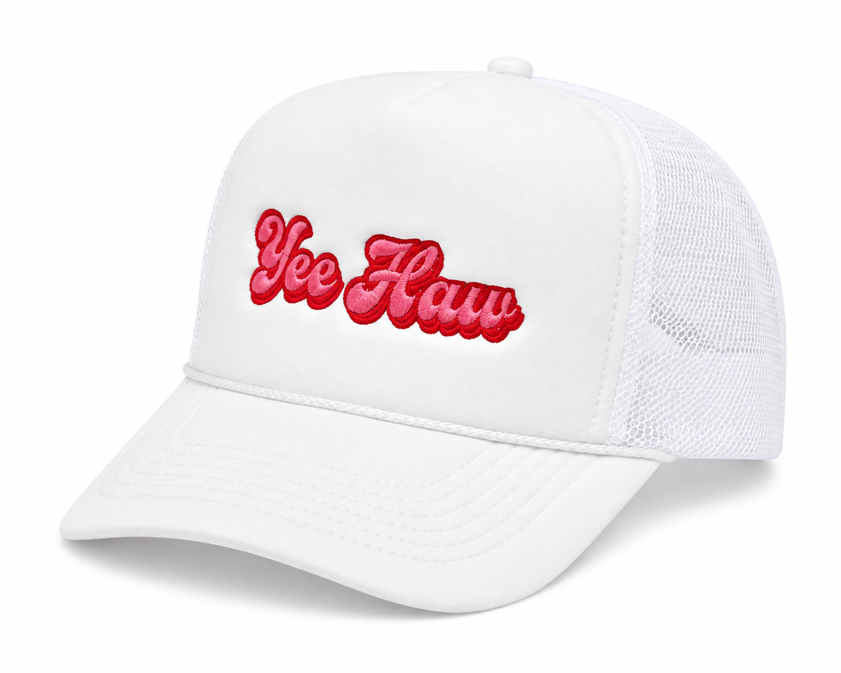 White Yee Haw trucker hat with matching white mesh back, angled side view
