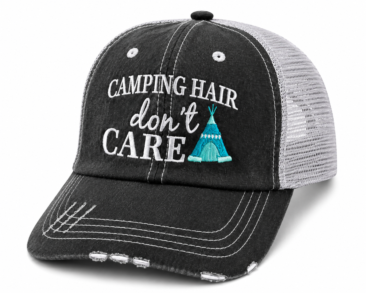 Camping Hair Don’t Care trucker hat side view with black distressed front, white mesh back, and teal teepee embroidery.