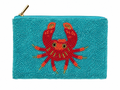 A turquoise blue beaded zip pouch featuring a large red and orange beaded crab design on the front, with a gold zipper pull, shown against a plain white background.