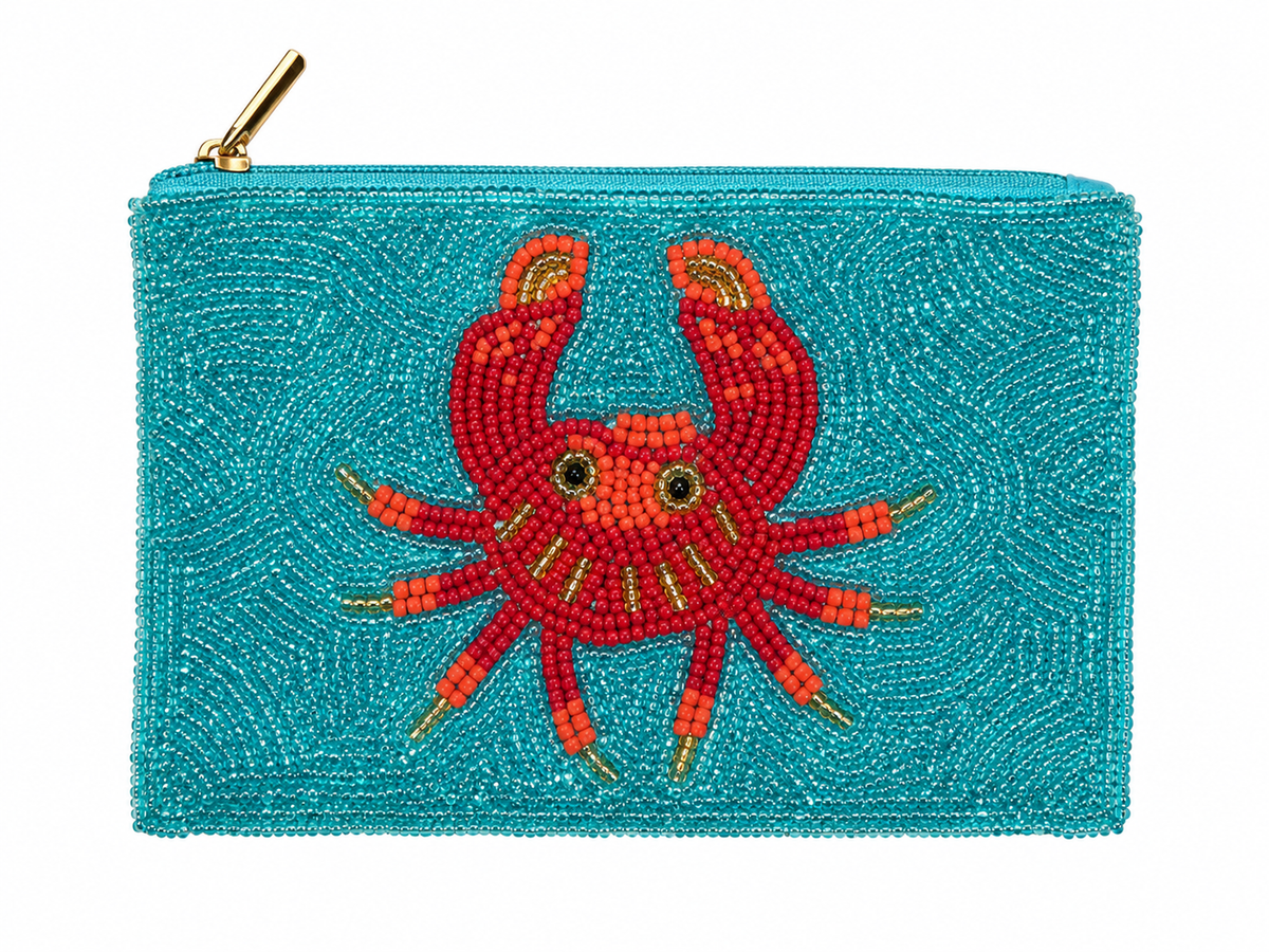 A turquoise blue beaded zip pouch featuring a large red and orange beaded crab design on the front, with a gold zipper pull, shown against a plain white background.